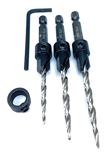 FTG USA 3 Pc Wood Countersink Drill Bit Set #6#8#10 with 3/8" Depth Stop - size: #6#8#10, style: with Depth Stop