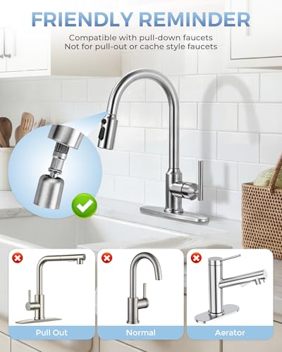 Pull Down Faucet Sprayer Head Replacement, Brushed Nickel 3 Function Pull Out Spray Nozzle with 9 Adapters for Kitchen Sink Faucet, American Standard for Moen Kohler Delta G1/2 Male Connector - color: Brushed Nickel