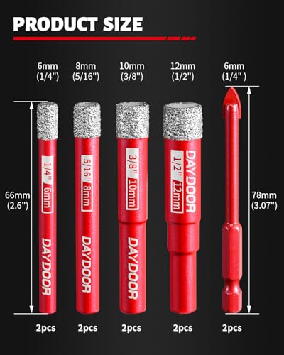 DAYDOOR Dry Diamond Drill Bits, 1/4" 5/16" 3/8" 1/2" Tile Drill Bits Set - size: 1/4", 5/16", 3/8",1/2"