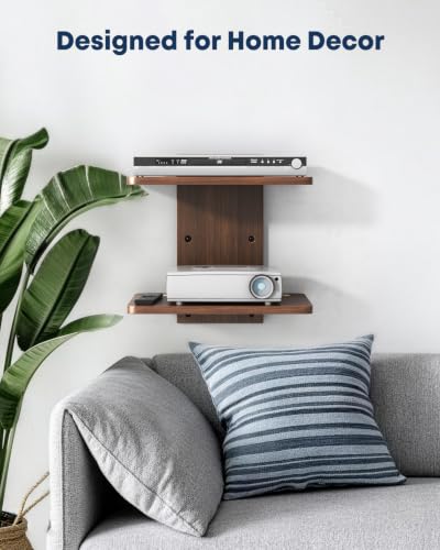 Floating TV Projector Shelf Wall Mount - 2 Tier Wooden Shelf, Walnut Brown - size: 2-Tier Shelf