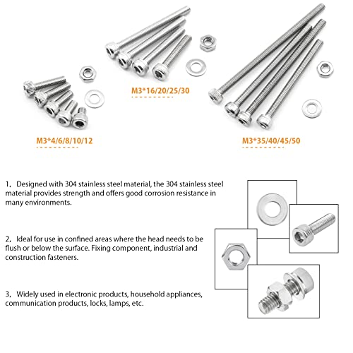 1560PCS M3 Bolts and Nuts Assortment, GTERNITY Metric M3x50/45/40/35/30/25/20/16/12/10/8/6/4 mm Cap Screws Assorted M3 Hex Socket Head Screws Nuts Washers Kit, 304 Stainless Steel - size: M3 1560 S