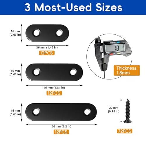 108PCS Flat Mending Plates for Wood Metal Brace Brackets Stainless Steel Straight Wood Bracket with Screw Holes 1.4"/1.8"/2.2" inch(Black) - color: Black