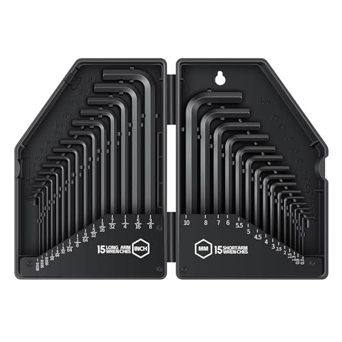 Reniteco 30 PCS Hex Head Key Allen Wrench Tool Set Organizer Kit Alloy Steel L Shape Black Metric (0.7-10 mm) SAE (0.028"-3/8") Standard In Storage Case Long Short Arm