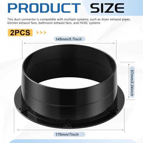 2 Pcs Duct Connector Flange 6 Inch Plastic Straight Pipe Flange Black Duct Reducer Dryer Vent Connector for Heating Cooling Grow Tent Bathroom Kitchen Ventilation System - size: 6 Inch