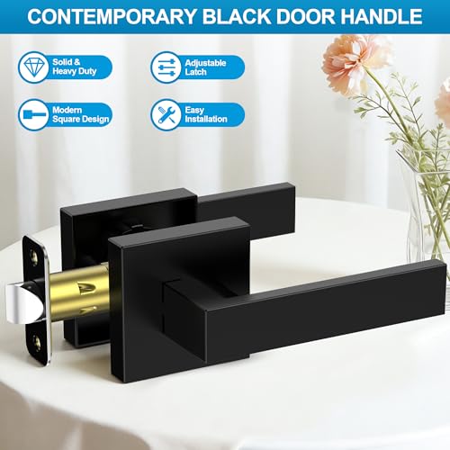 Plustool 10 Pack Matte Black Door Handles Interior, Passage Door Knobs Closet Door Levers for Hallway, Heavy Duty Square Doorknob Non-Locking Handlesets for Left & Right Sided Doors