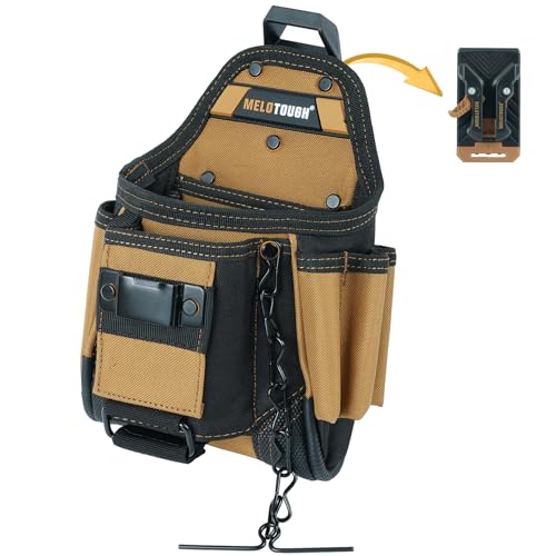MELOTOUGH Small Electrician Tool Pouch With Belt Clip Attachment - 9 Pockets Tradesman Bag With Tape Thong - Holster for Electricians - color: Khaki Electrician Tool Pouch