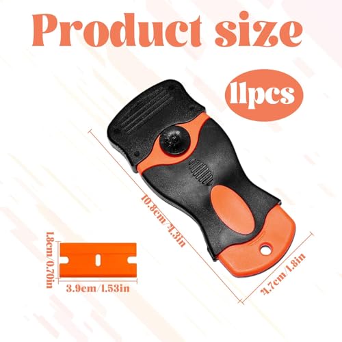 Plastic Scraper Tool with 10 Razor Blades, Orange and Black, Anti-Slip Grip Handle, Paint and Adhesive Remover for Glass Window Car Surface, 4.3 Inch Length