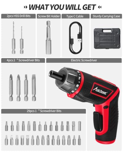 AVID POWER 4V Electric Cordless Screwdriver Set 5.65Nm 37 Bits with Case - color: 1-red