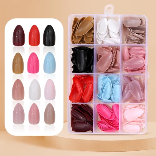 288Pcs Press On Nails Short Almond Fake Nails Solid Color False Nails Press Ons Set Full Cover Acrylic Glue on Nails Reusable Glossy Artificial Nail Kit for Women Girls Nail Art Decoration 12 Color - color: A003