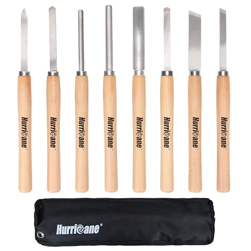 HURRICANE 8pc Wood Lathe Turning Tool Set, Wood Turning Chisel Set for Woodworking. 2 Skew 1 Spear Point 1 Parting 1 Round Nose & 3 Gouge Tools with 1 Canvas Bag Packaging