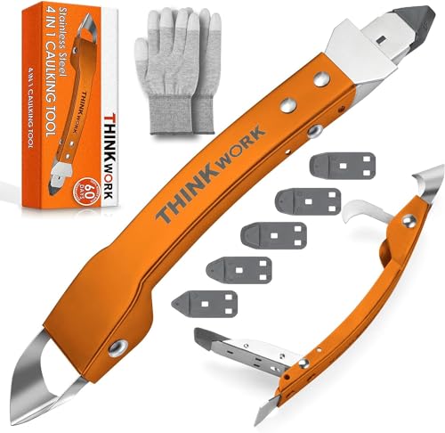 4 in 1 Silicone Caulking Tool Kit, Stainless Steel Caulk Remover Tool | Durable Construction, Quick & Easy to Use, 5 Replaceable Silicone Pads, Protective Gloves, Remove, Apply & Finish Caulk - color: Orange