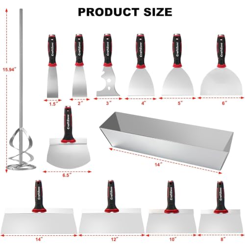14Pcs Drywall Knife Set Drywall Patch Kit Included Putty Knives Taping Knives Painter Scraper Bucket Scoop Mud Pan Paint Scraper Mud Mixer & Tool Bag