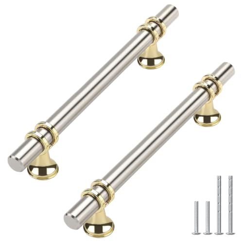 Haliwu 10 Pack 5 Inch Brushed Nickel and Gold Cabinet Handles | 128mm Hole Center, Solid Aluminum and Zinc Alloy, Kitchen Pulls Hardware for Bathroom Drawer Dresser - color: Brushed nickel&Gold, size: 5-inch (128mm) hole spacing
