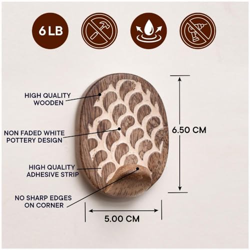 Indian Shelf 6 Pieces Wooden Adhesive Wall Hooks for Keys, Bags & Hats - color: Brown Style 5