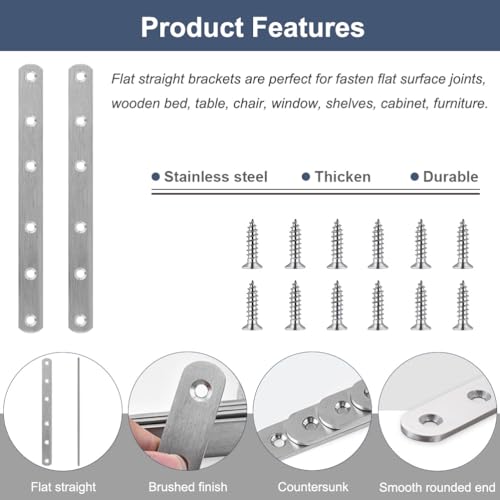 4 Pcs Straight Brackets 8 Inch Flat Brace Stainless Steel Straight Mending Plates for Wood, Heavy Duty Repair Fixing Joining Brackets with Screws - size: 4 PCS-8 inch