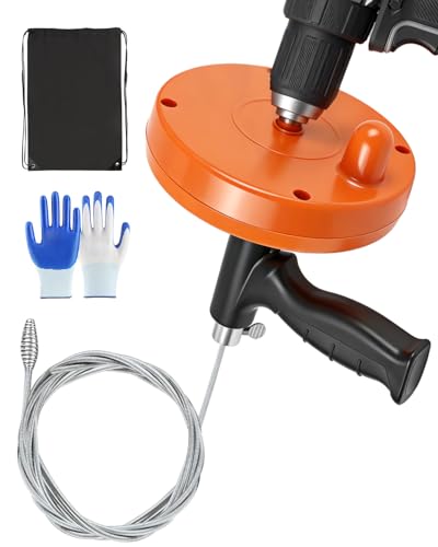 Drain Auger, 25FT Drain Snake with Drill Adapter, Flexible Plumbing Snake Clog Removal Tool with Gloves & Cloth Bag, Use Manually or Powered for Kitchen Bathroom Shower Sink - color: Orange 3