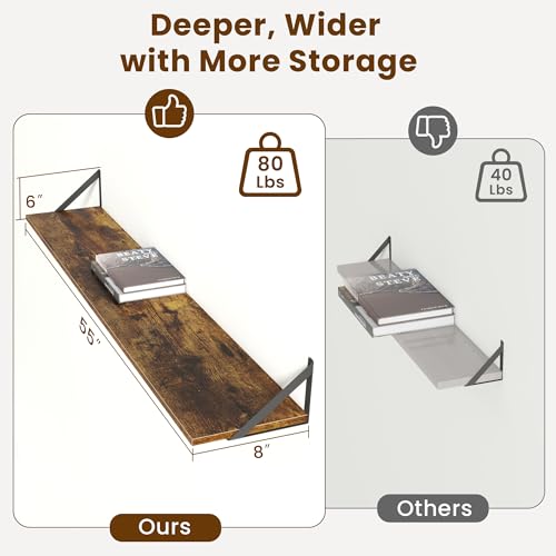 55" Long Wall Mounted Floating Shelves,8 inch Deep Floating Shelf with Metal Brackets Set of 2,Easy-to-Install Wall Decor Storage Ledges for Living Room,Bathroom,Bedroom,Kitchen,Office,Rustic Brown - color: Rustic Brown, size: 55"Wx8"D-2pcs