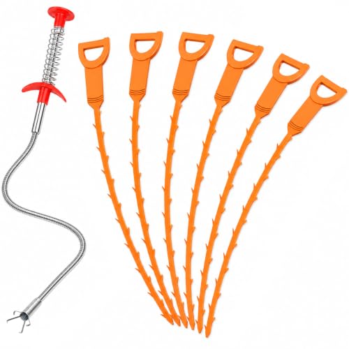 Drain Clog Remover Snake Tool for Hair and Debris, Unclog Toilet, Sink, Shower, Bathtub, Sewer - color: Orange 6+1
