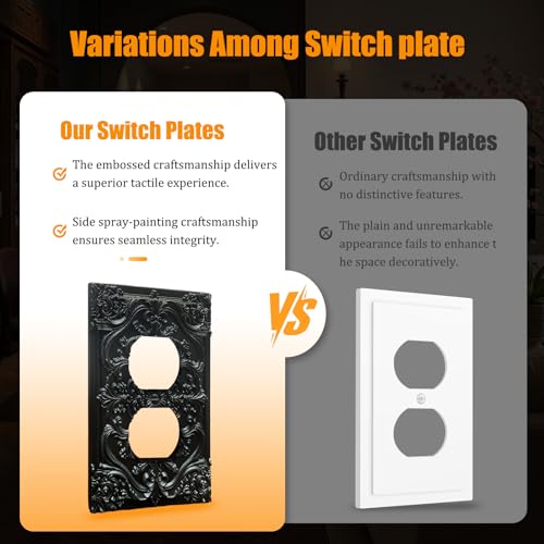 Decorative Outlet Covers Black Flower Elegant 3D Floral Embossed 1 Gang Duplex Light Switch Cover Plate Unique Wall Plate Electrical Switch Plate Covers for Bedroom Home Decor - color: Black, size: 1-Gang Duplex Outlet/ 5 x 3 IN