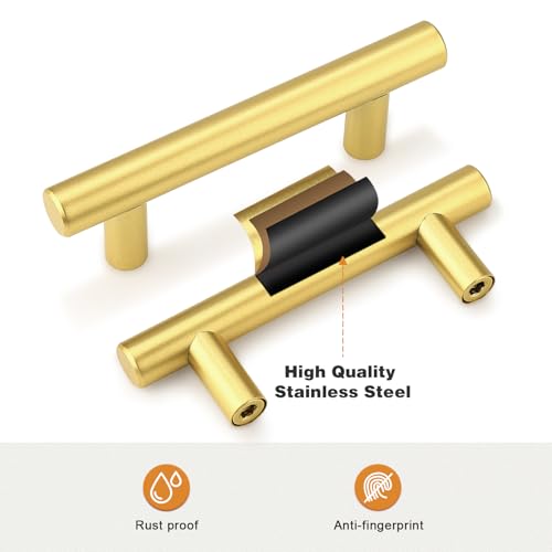 Probrico 5 Pack 2-1/2 inch Center-to-Center Kitchen Cabinet Pulls T Bar Gold Cabinet Handles Modern Drawer Hardware Dresser Pulls, 4 inch Total Length - color: Gold, size: hole center 2-1/2"