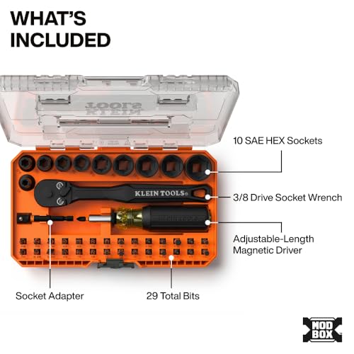 Klein Tools 33806 ProFlex 43-Piece Impact Socket Set and Impact Driver Bit Set with Modular Case, 29 Bits and 10 SAE Socket Sizes, S2 Steel, Magnetic, Adjustable Screwdriver - style: 43-Piece SAE Set