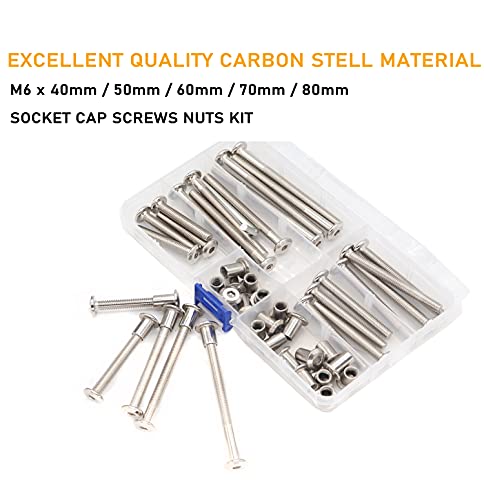 50pcs Hex Drive Socket Cap Bolts Dowel Nuts Assortment Kit, Furniture Joint Connector Bolts, Rivet Bolts Dowel Nuts, Countersunk Screw Post Fit M6x40mm 50mm 60mm 70mm 80mm Nickel Plated - size: 40/50/60/70/80mm 50pcs