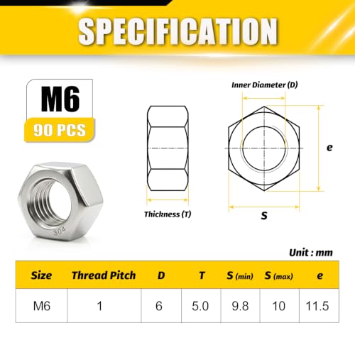 90Pcs M6 Stainless Steel Hex Nuts M6-1.0 Metric 304 A2-70 - size: Metric M6;90pcs
