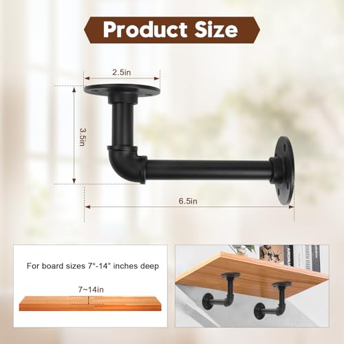 Storystore Industrial Pipe Shelf Brackets, 8 Pack Iron L-Shaped Shelving Brackets for 7-14 inches Board, Heavy Duty Metal Shelving Bracket - Black DIY Pipe Shelves (6.5 x 3.5 Inch) - size: 8 Pcs ( for board depth 7"-14")
