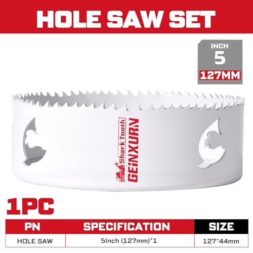 Geinxurn 5 Inch(127mm) Hole Saw, 1PC HSS Bi-Metal Hole Saw Kit with Shark Tooth Hole Cutter for Wood,Drywall, PVC Boards and Thin Metal - color: 1 PCS 5"