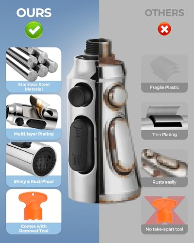 Pull Down Faucet Sprayer Head Replacement, Chrome 3 Function Pull Out Spray Head Nozzle with 9 Adapters for Kitchen Sink Faucet, American Standard for Moen Kohler Delta G1/2 Male Connector - color: Chrome