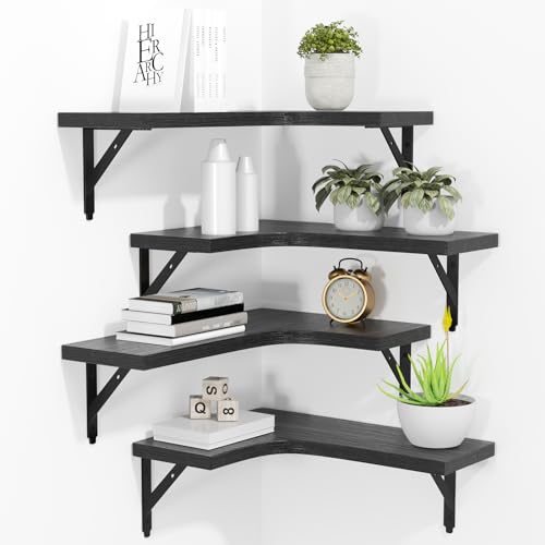 ROMGUAR CRAFT Corner Floating Shelves Wall Mounted Set of 4, Black - color: Black