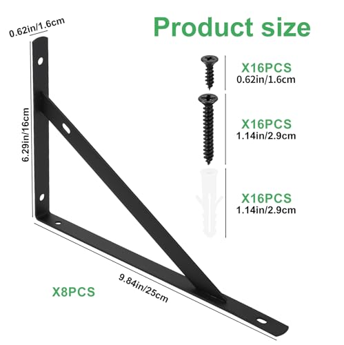 8 Pcs Heavy Duty Shelf Brackets, Floating Metal Shelf Brackets, Metal Wall Mount L Shaped Shelves Support Angle Brackets for Heavy Duty Floating Shelves Shelf Brackets (9.84 x6.29 inch) - size: 9.84 x 6.29 inch Black