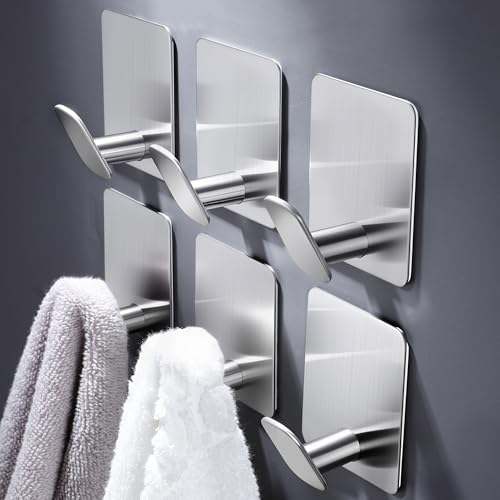 DELITON Sticky Hooks for Hanging Adhesive, Silver Wall Hooks for Bathroom Kitchen Office Stainless Steel Heavy Duty No Damage, Brushed Nickel, 6 Pack - color: Silver-6