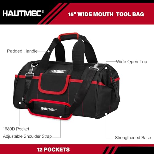 HAUTMEC 2-Piece Rolling Tool Bag Set, 15" Wheeled Tool Bag & Wide Mouth Tool Tote, Heavy-Duty Tool Storage Organizer with Durable Off-Road Wheel, Steel Telescoping Handle & Shoulder Strap – HT0288 - style: 2-Pcs Set | Black