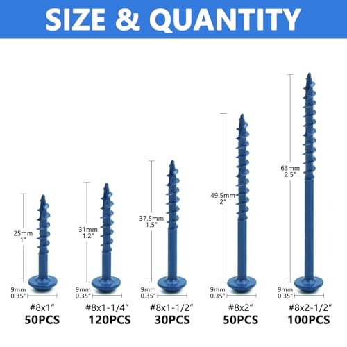 Pocket Hole Screws 350 PCS, 5 Sizes #8 x 1 to 2-1/2" Coarse Thread Wood - color: 350PCS(Blue Coated)