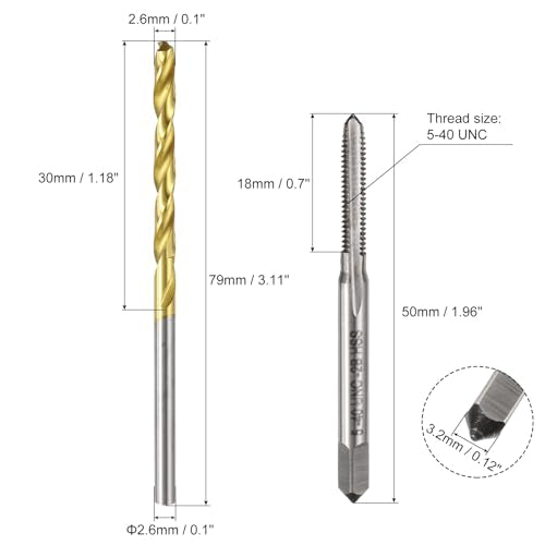 uxcell Tap & Drill Bit Set, 2pcs 5-40 UNC Straight Flute Thread Taps and 2pcs 2.6mm Twist Drill Bits Titanium Coated, HSS6542 Screw Tapping Threading Tools - size: 5-40 UNC + 2.6mm