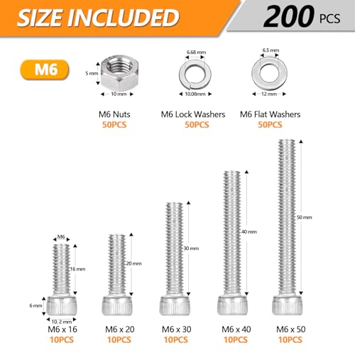 200 Pcs M6 Hex Socket Head Cap Screws Kit, M6-16/20/30/40/50mm Bolts | 304 Stainless Steel M6 Metric Screws Assortment Kit, Bolts Nuts and Washers for Auto, Motorcycle 3D Printer And Machinery - size: M6 - 16/20/30/40/50mm
