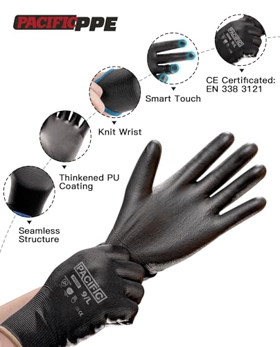 PACIFIC PPE PU Coated Grip Work Gloves, Touchscreen, Seamless Knit, Small - color: Black (18 Pairs), size: Small(Fits like XS)