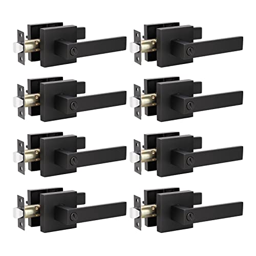 KNOBWELL 8 Pack Door Handles Interior Matte Black Contemporary Door Knobs with Lever Privacy Use, Bedroom and Bathroom Handle(Lock with No Key)