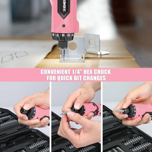 Enertwist Electric Screwdriver, 8V Max 10Nm Pink Cordless Screwdriver Rechargeable Set with 9 Accessory Kit, 21+1 Cluth, Dual Position Handle, LED Light - style: 9PCS 8V PINK