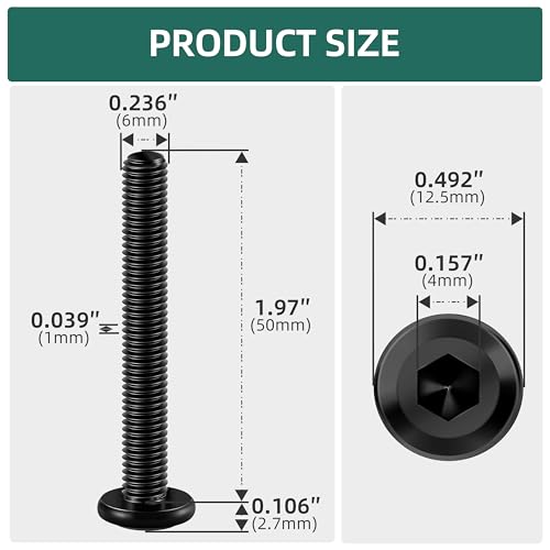 20Pcs M6-1.0 x 50mm Flat Head Socket Cap Screws Bolts 304 Stainless Steel Black Zinc Plated Furniture Bolts, Fully Threaded M6 Bolt with Hex Spanner - size: M6 x 50mm