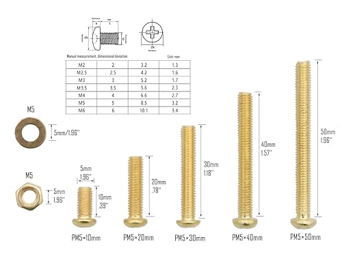 LBY 130pcs Machine Screws Assortment Kit, M5 Phillips Pan Head Bolts, 5 Sizes (with Nuts and Flat Washers), Copper (Yellow) - size: M5