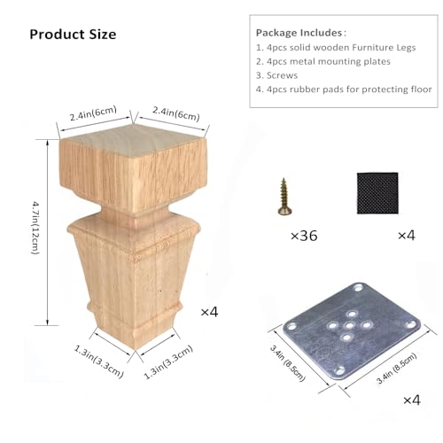 5 Inch Wooden Furniture Legs with Mounting Plates Screws Set of 4 Solid Wood Unfinished European Style Replacement Furniture Feet for Couch Cabinet Sofa Ottoman TV Stand Home DIY Projects (5 inch) - color: 5 Inch