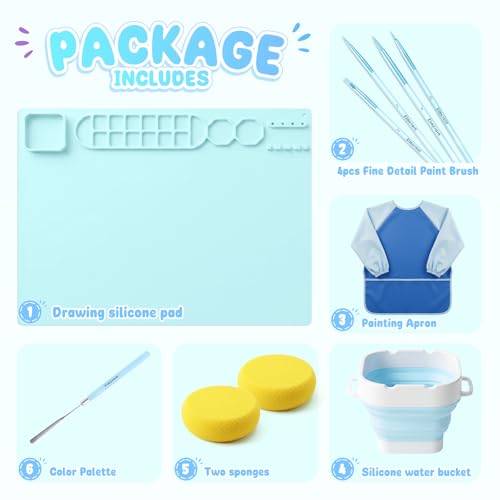 Zimuvora Silicone Painting Mat Set, Paint Mats for Kids with Foldable Silicone Cup, 4 Detail Paint Brushes, 2 Sponge Pads, Apron & Mixing Tool, Washable Art Table Mat (Blue) - color: Blue