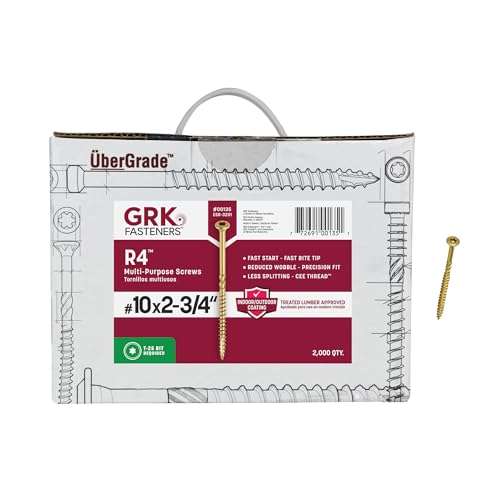 GRK Fasteners R4™ #10 x 2-3/4 Inch, Multi-Purpose Framing Screws, 2000 PCS, Rust Resistant Climatek™ Coating, Outdoor Fencing and Deck Screws, Fast Bite Tip, Star Drive Recess, Gold - size: #10 x 2-3/4" 2000 count
