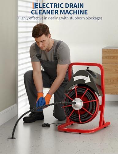 Garvee Drain Cleaner Machine, 75 Ft x 1/2 Inch Steel Core Cable, Portable 370 W Electric with Sewer Auger, Cutter, Air-Activated Foot Switch, for Commercial, Home