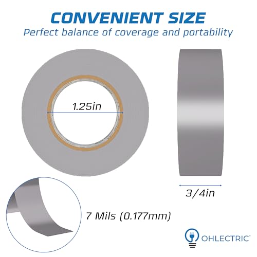 OHLECTRIC Professional Grade Vinyl Electrical Tape (1 Pack) Grey - 7 Mil Thick Flame-Retardant, Heat & Weather Resistant 3/4 Inch x 60 Feet | Ideal for Contractors & Electricians - size: 1 Roll, style: Grey