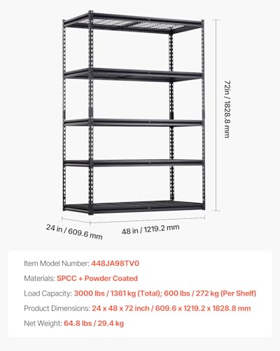 VEVOR Storage Shelves, 3000 lbs, 5 Tier Heavy Duty Garage Shelving, 24" D x 48" W x 72" H Adjustable Metal Shelves for Industrial Shelving Unit Utility Shelf, for Kitchen, Warehouse, Basement, Black - color: Black, size: 24" D x 48" W x 72" H