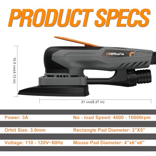 2-in-1 Detail Sander & Palm Sander, Brushless Electric Orbital Sander with 4000-10000 OPM, Dust Collection, 20PCS Sandpapers for Woodworking & Tight Spaces, Ergonomic Symmetrical Design