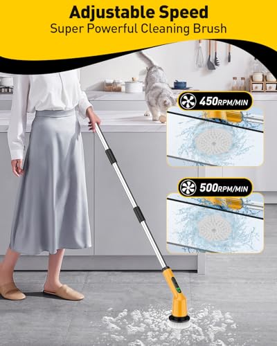 Electric Spin Scrubber for Bathroom, Shower Scrubber with Long Handle - color: Yellow, size: 3 Brush Heads
